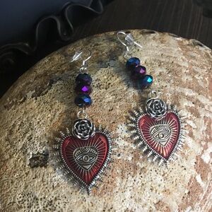 Red Gothic Heart & Evil Eye Rose Earrings with Blue Purple Titanium Crystals